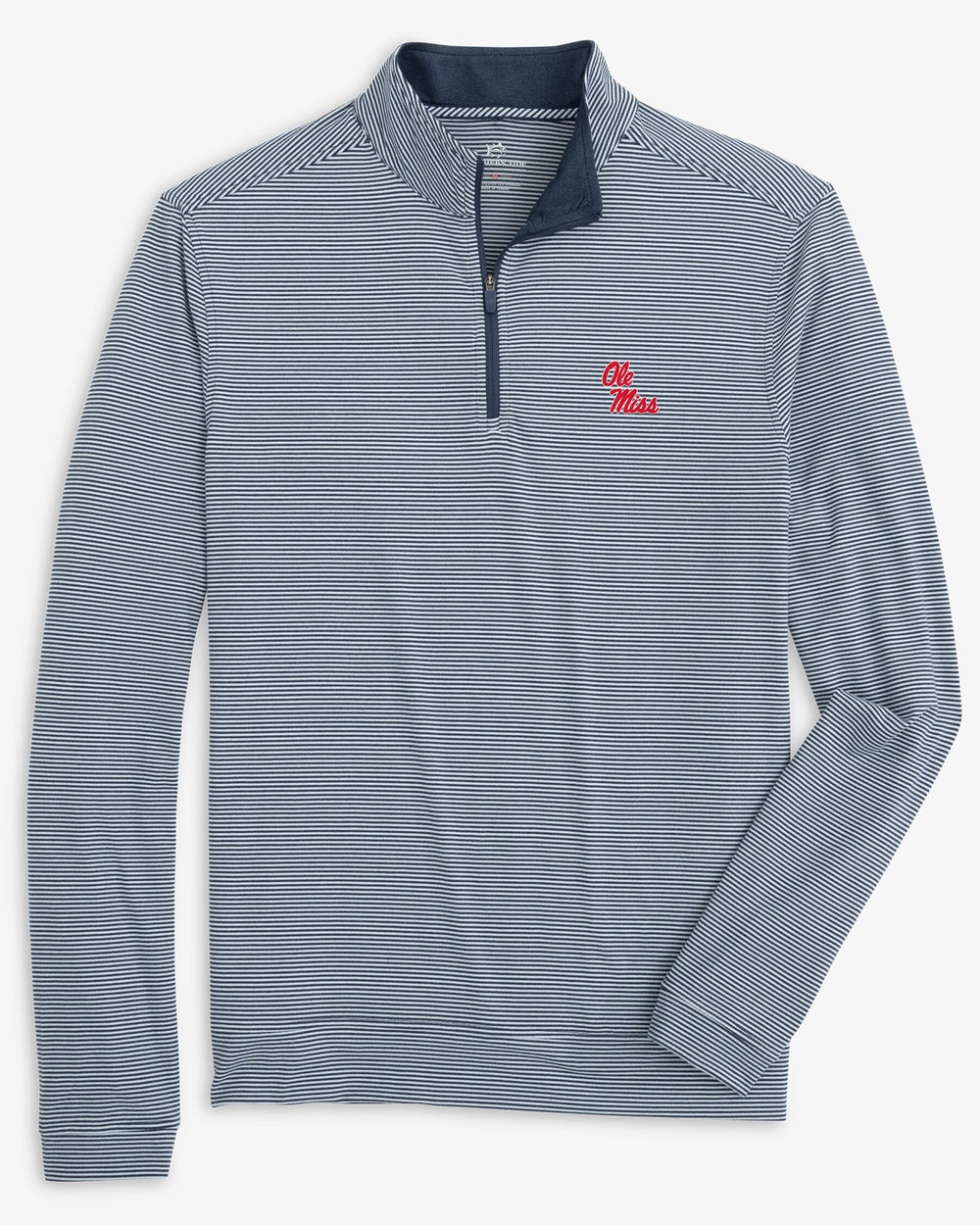 The front view of the Ole Miss Rebels Cruiser Micro-Stripe Heather Quarter Zip by Southern Tide - Heather Navy