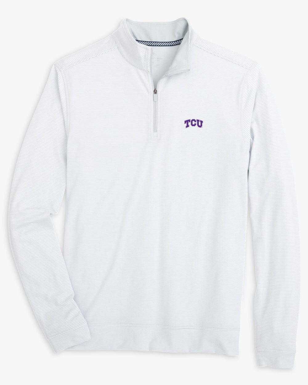 The front view of the TCU Horned Frogs Cruiser Micro-Stripe Heather Quarter Zip by Southern Tide - Heather Slate Grey