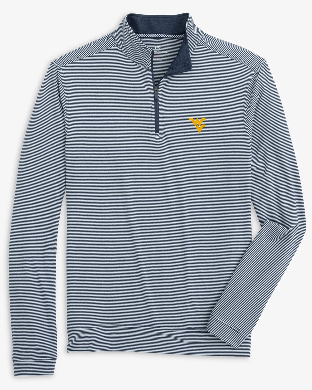 The front view of the West Virginia Cruiser Micro-Stripe Heather Quarter Zip by Southern Tide - Heather Navy