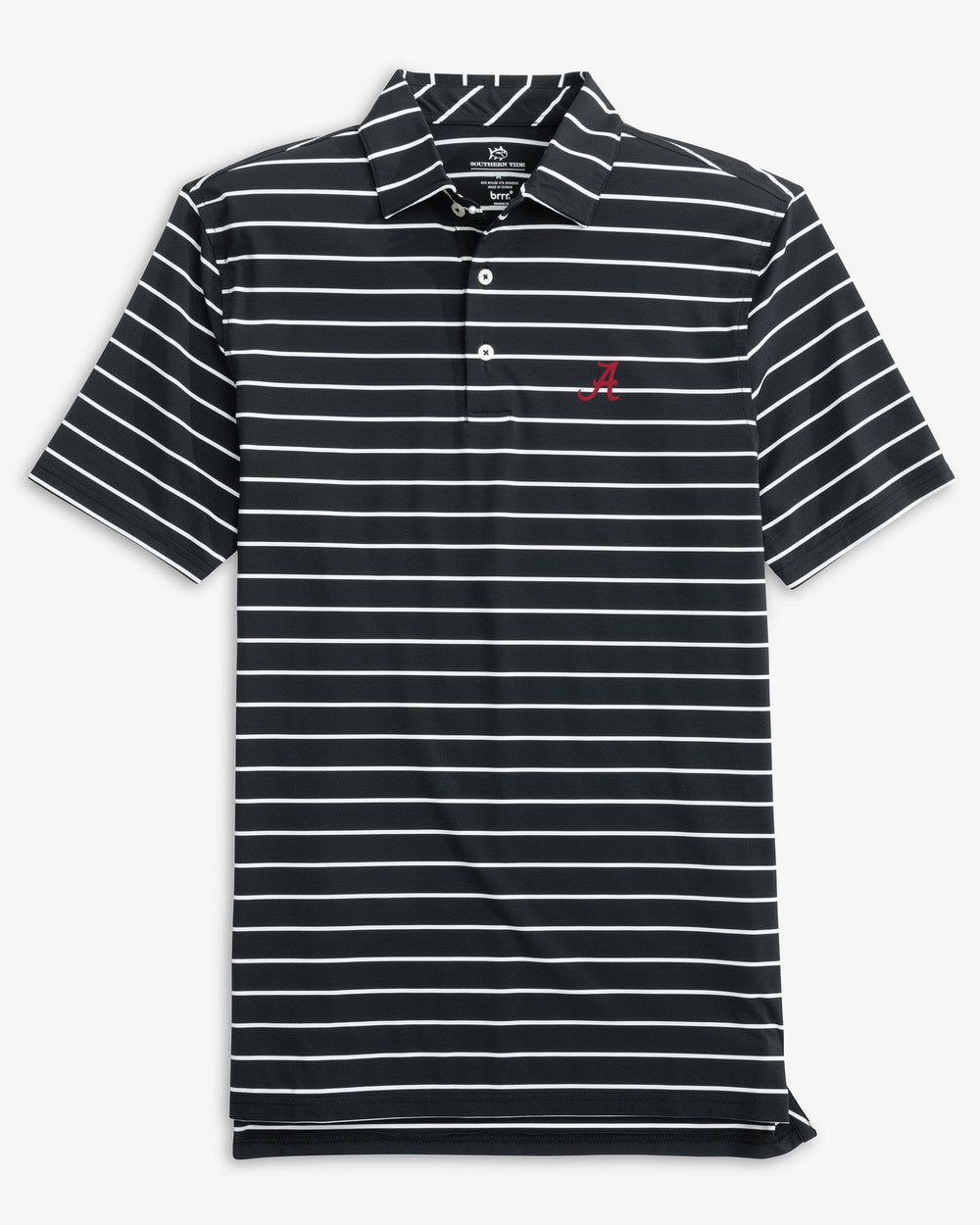 The front view of the Alabama Crimson Tide Brreeze Desmond Stripe Performance Polo by Southern Tide - Black