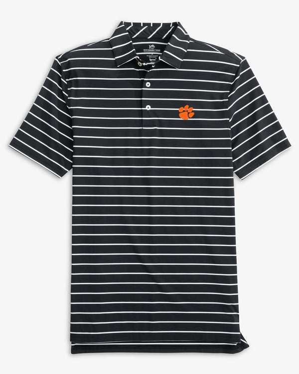 The front view of the Clemson Tigers Brreeze Desmond Stripe Performance Polo by Southern Tide - Black