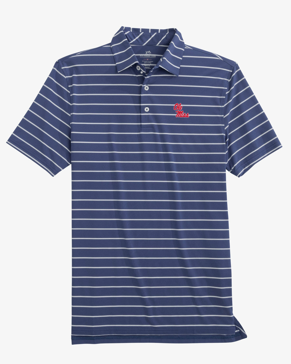 The front view of Ole Miss Rebels Brreeze Desmond Stripe Performance Polo by Southern Tide - Navy