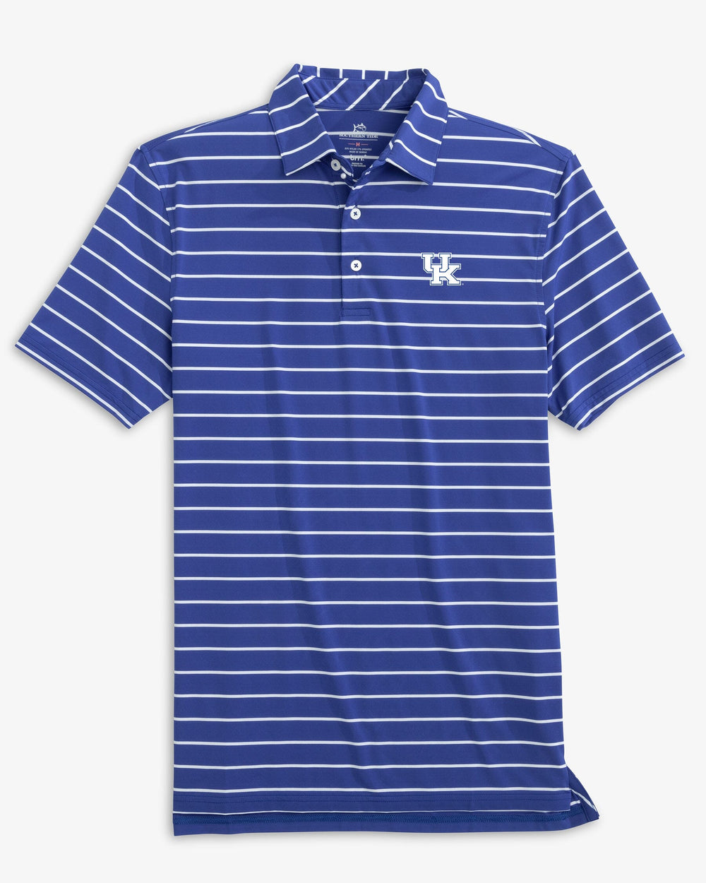 The front view of the Kentucky Wildcats Brreeze Desmond Stripe Performance Polo by Southern Tide - University Blue