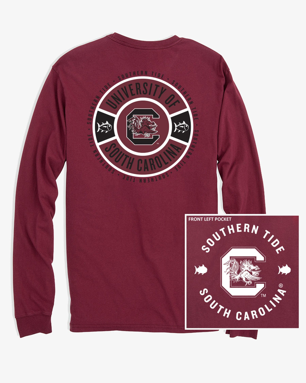 The front view of the Southern Tide USC Gamecocks Ring Badge T-Shirt by Southern Tide - Chianti