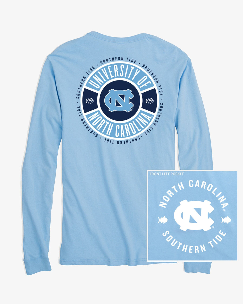The front view of the Southern Tide UNC Tar Heels Ring Badge T-Shirt by Southern Tide - Rush Blue