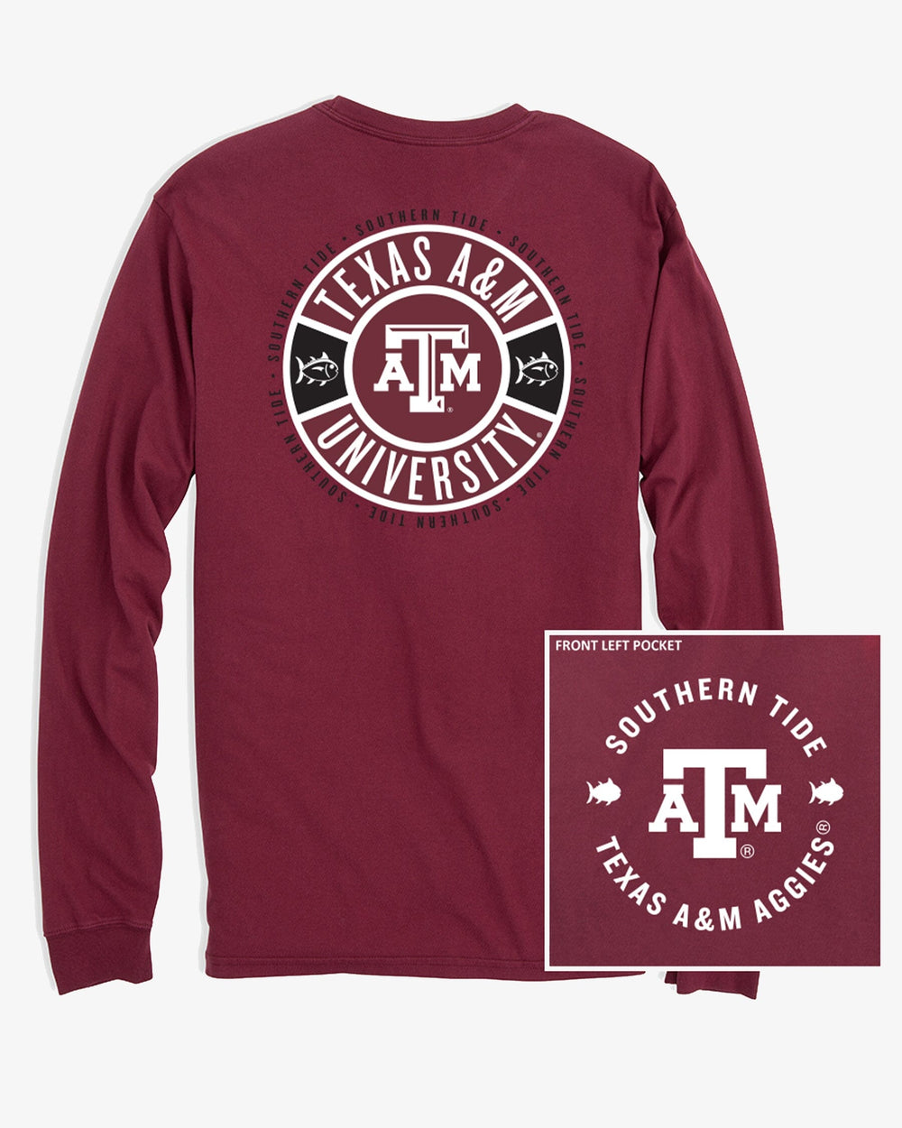 The front view of the Southern Tide Texas A&M Aggies Ring Badge T-Shirt by Southern Tide - Chianti