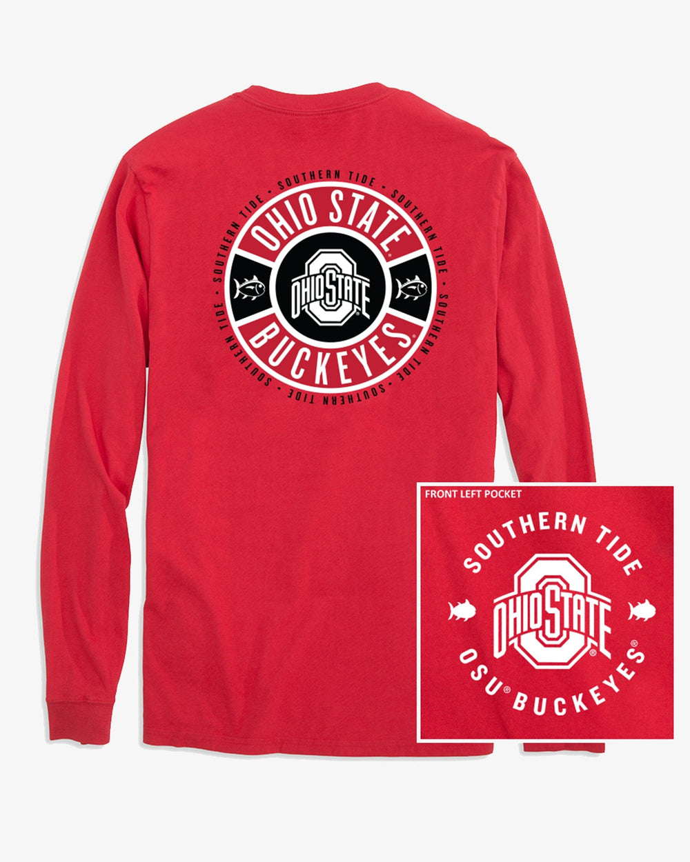 The front view of the Southern Tide Ohio State Buckeyes Ring Badge T-Shirt by Southern Tide - Varsity Red