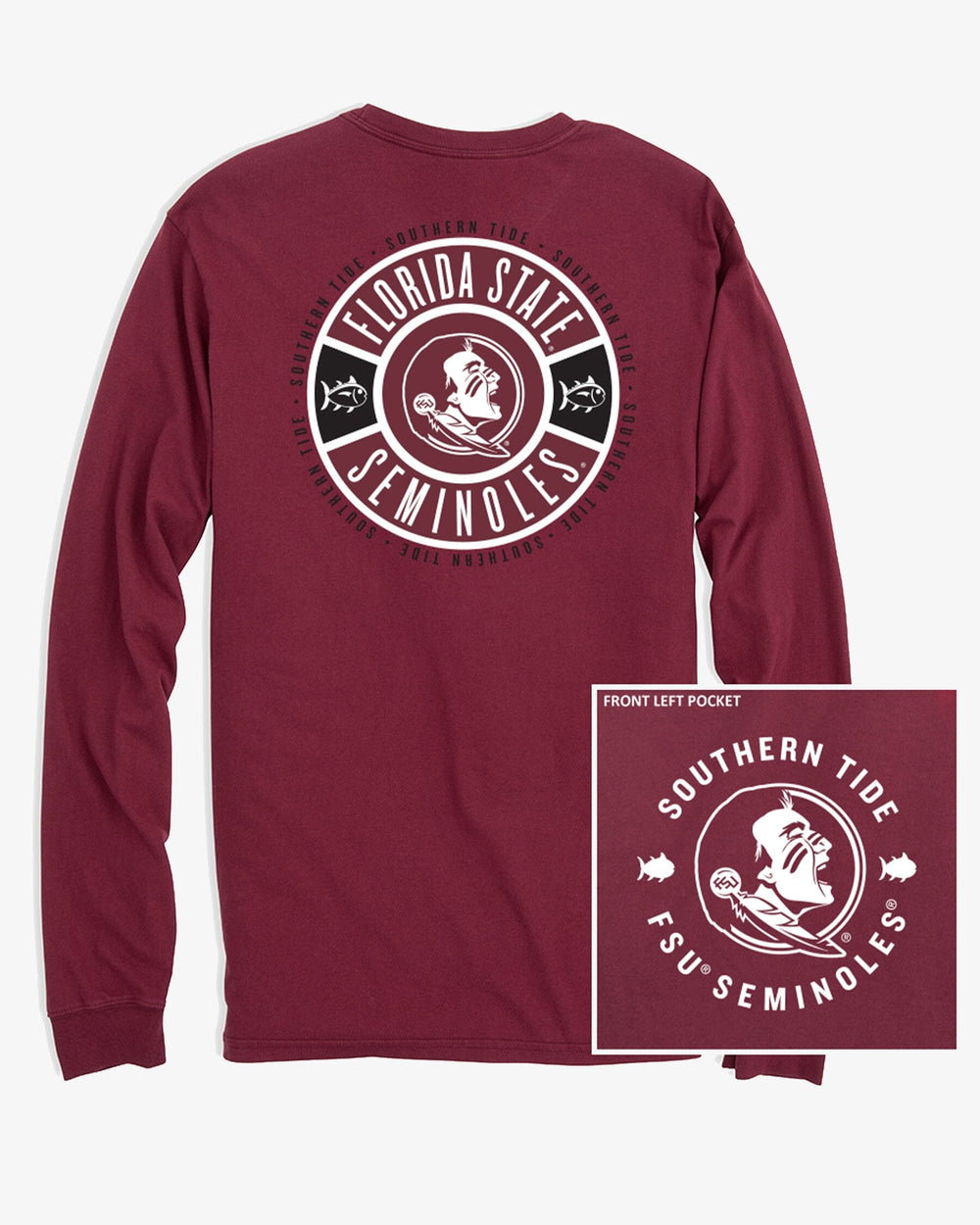 The front view of the Southern Tide FSU Seminoles Ring Badge T-Shirt by Southern Tide - Chianti