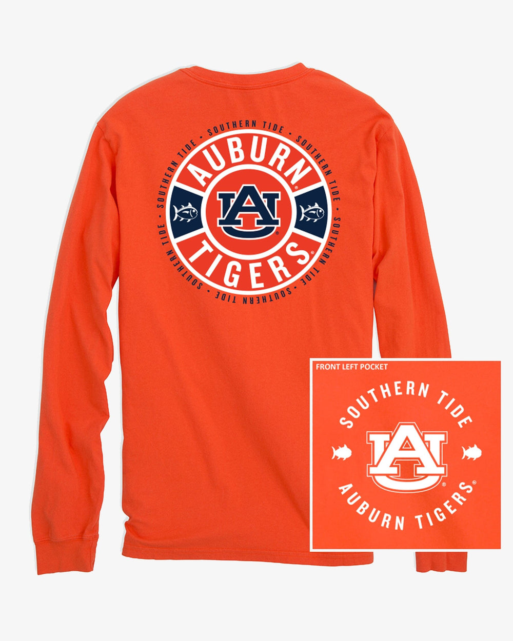 The front view of the Southern Tide Auburn Tigers Ring Badge T-Shirt by Southern Tide - Endzone Orange