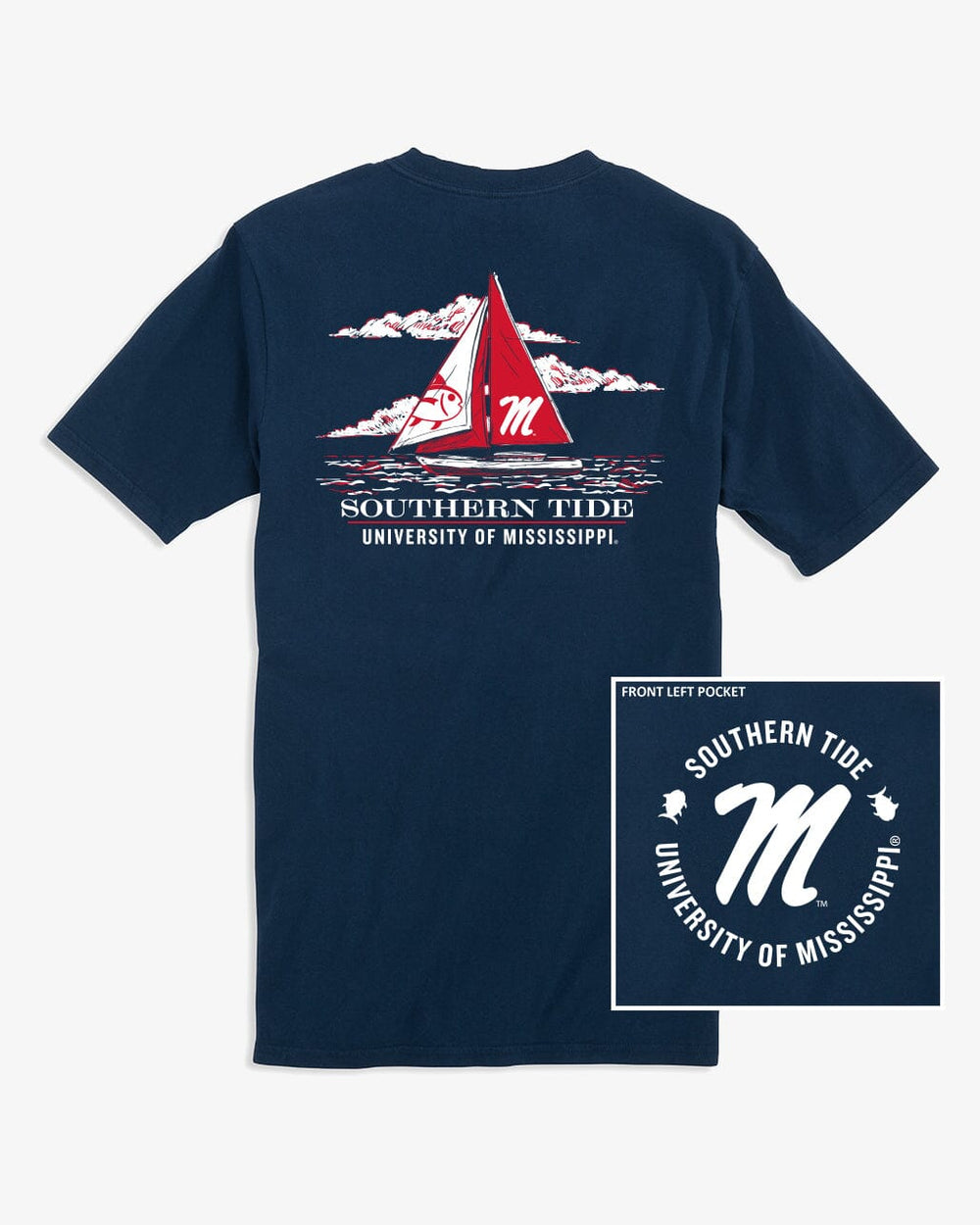The front view of the Ole Miss Rebels Skipjack Sailing T-Shirt by Southern Tide - Navy
