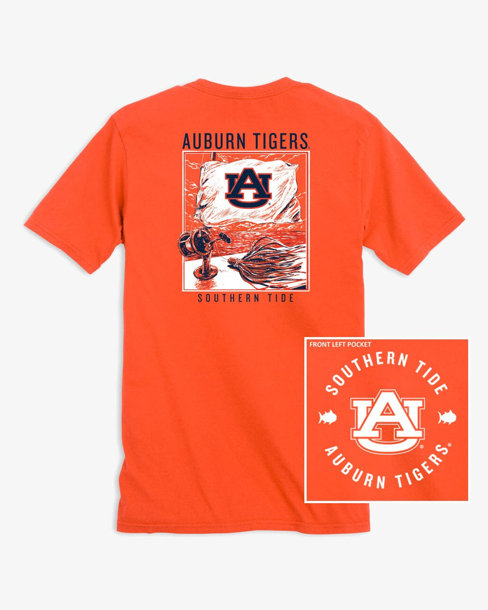 The front of the Auburn Tigers Fishing Flag T-Shirt by Southern Tide - Endzone Orange