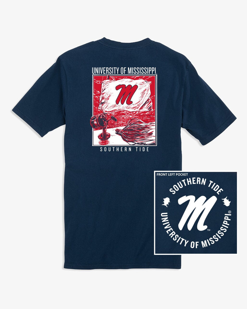 The front view of the Ole Miss Rebels Fishing Flag T-Shirt by Southern Tide - Navy