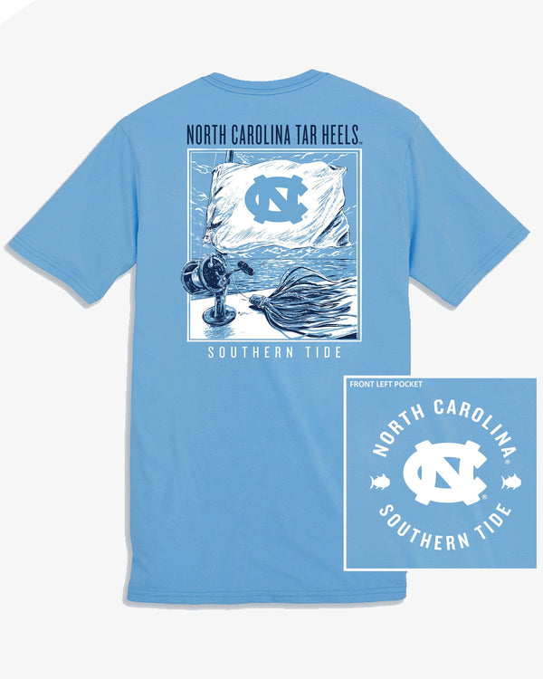 The front view of the UNC Tar Heels Fishing Flag T-Shirt by Southern Tide - Rush Blue