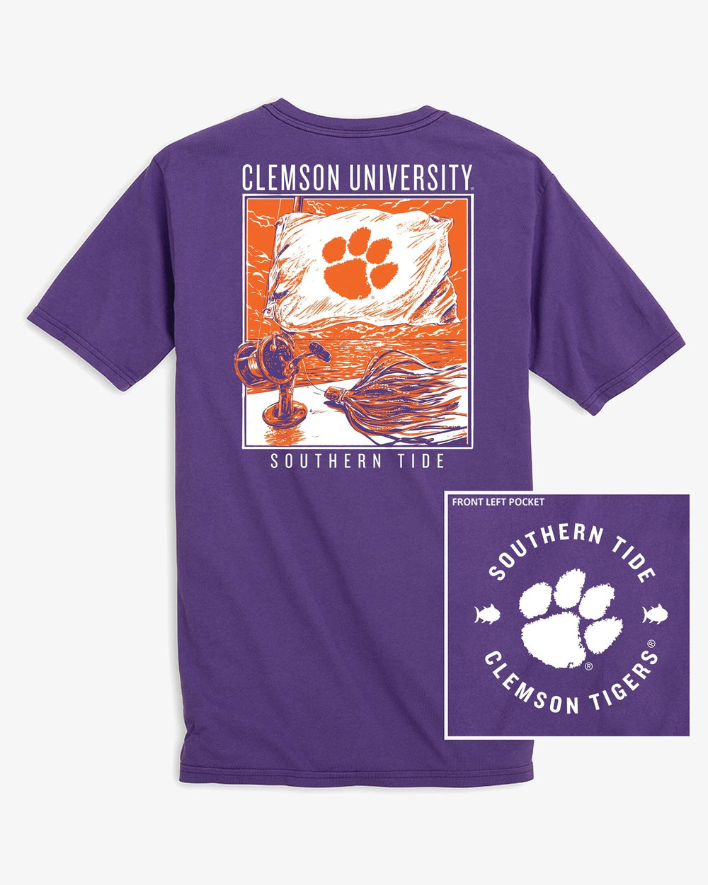 The front of the Clemson Tigers Fishing Flag T-Shirt by Southern Tide - Regal Purple
