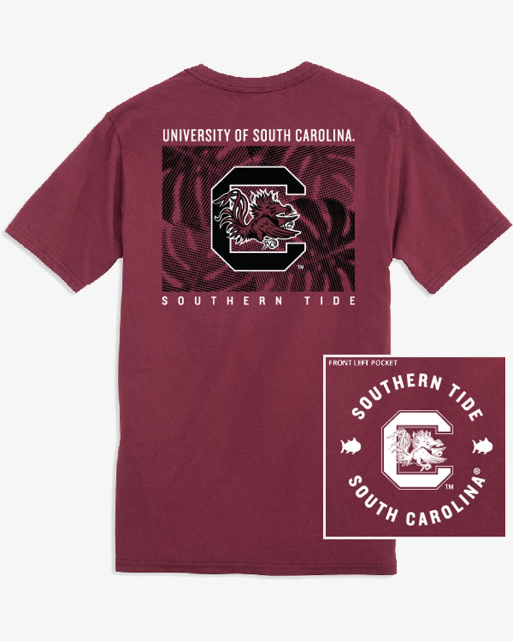 The front view of the USC Gamecocks Halftone Monstera T-Shirt by Southern Tide - Chianti