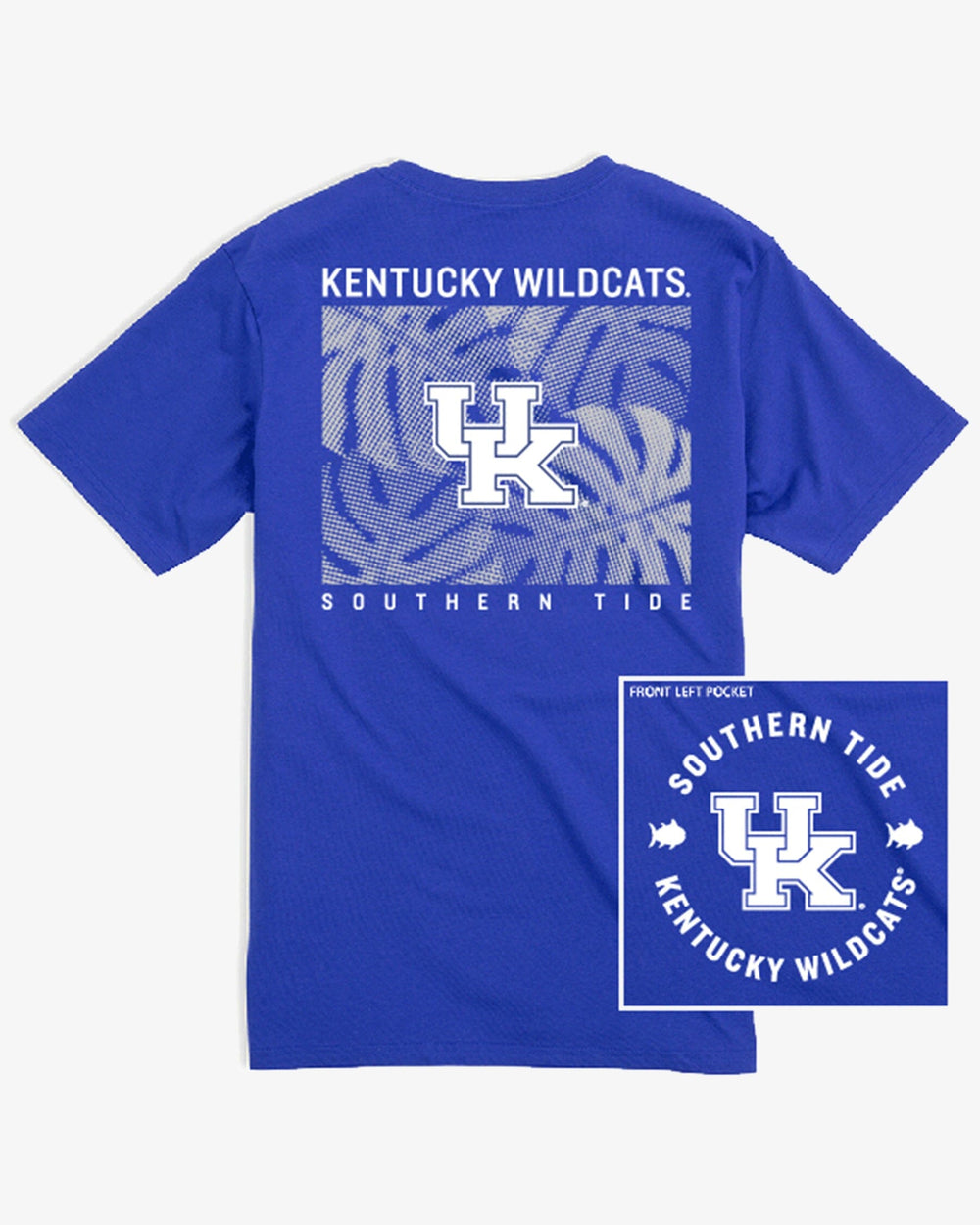 The front view of the Kentucky Wildcats Halftone Monstera T-Shirt by Southern Tide - University Blue