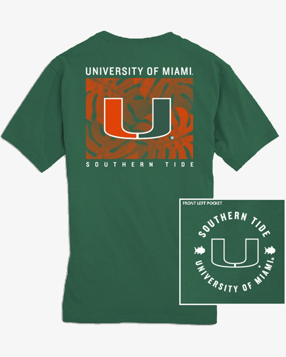 The front view of the Miami Hurricanes Halftone Monstera T-Shirt by Southern Tide - Spruce