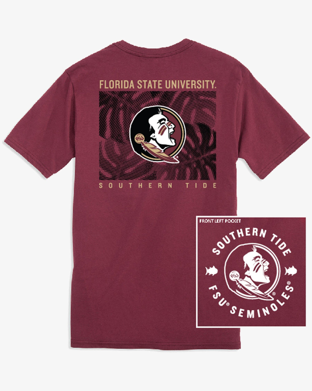 The front view of the FSU Seminoles Halftone Monstera T-Shirt by Southern Tide - Chianti