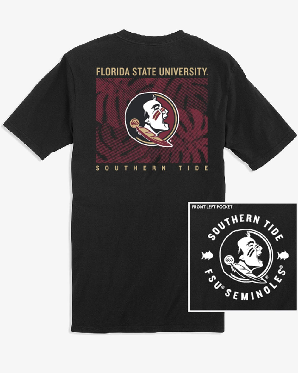 The front view of the FSU Seminoles Halftone Monstera T-Shirt by Southern Tide - Black