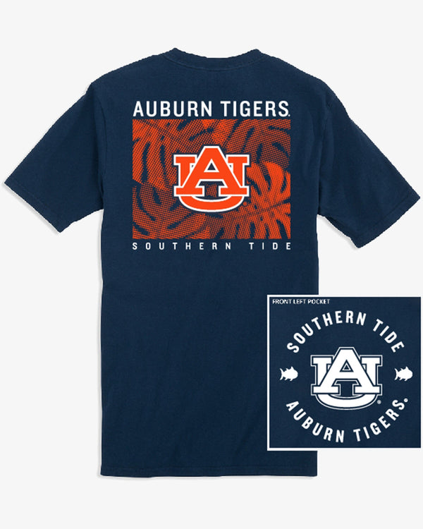The front view of the Auburn Tigers Halftone Monstera T-Shirt by Southern Tide - Navy