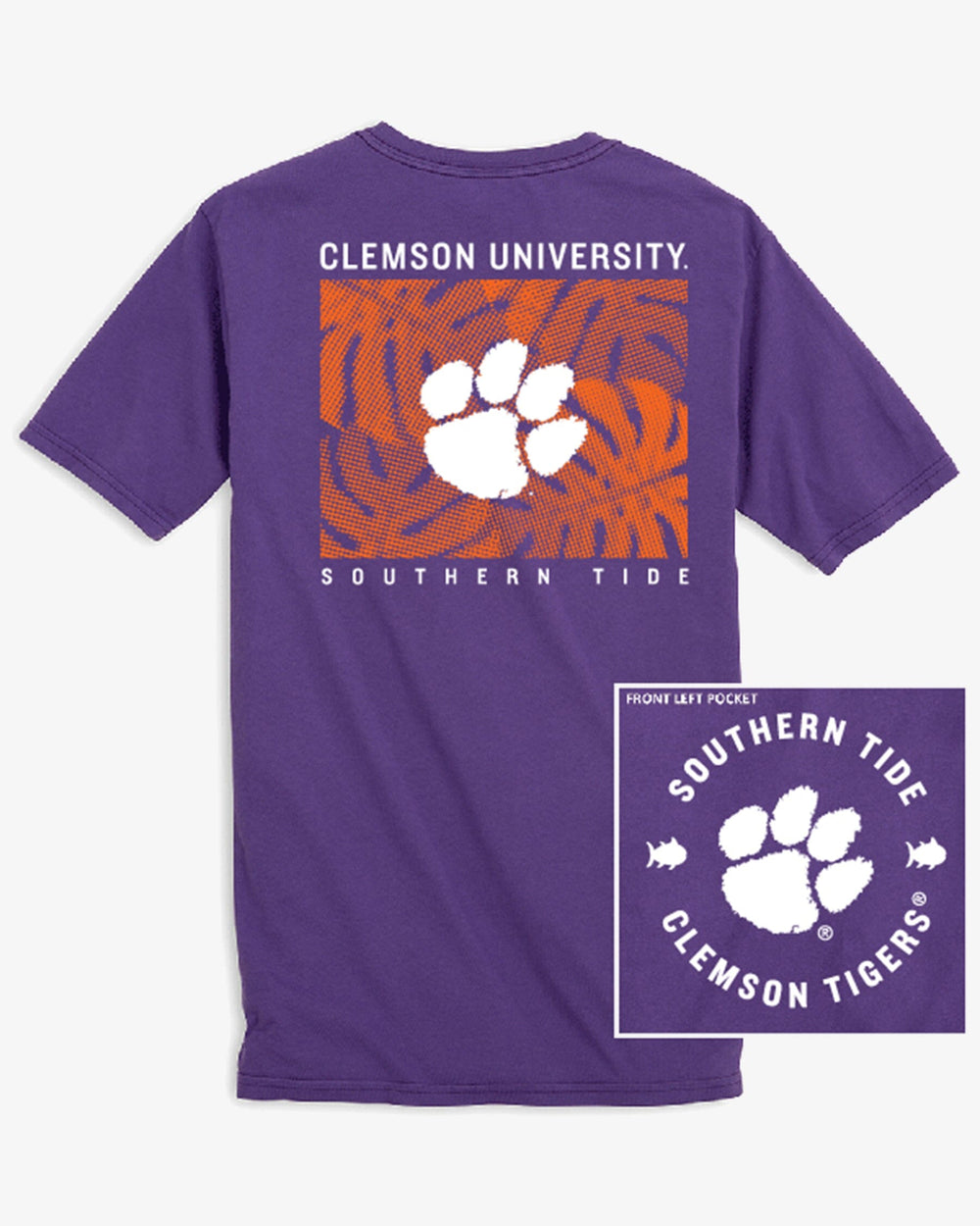 The front view of the Clemson Tigers Halftone Monstera T-Shirt by Southern Tide - Regal Purple