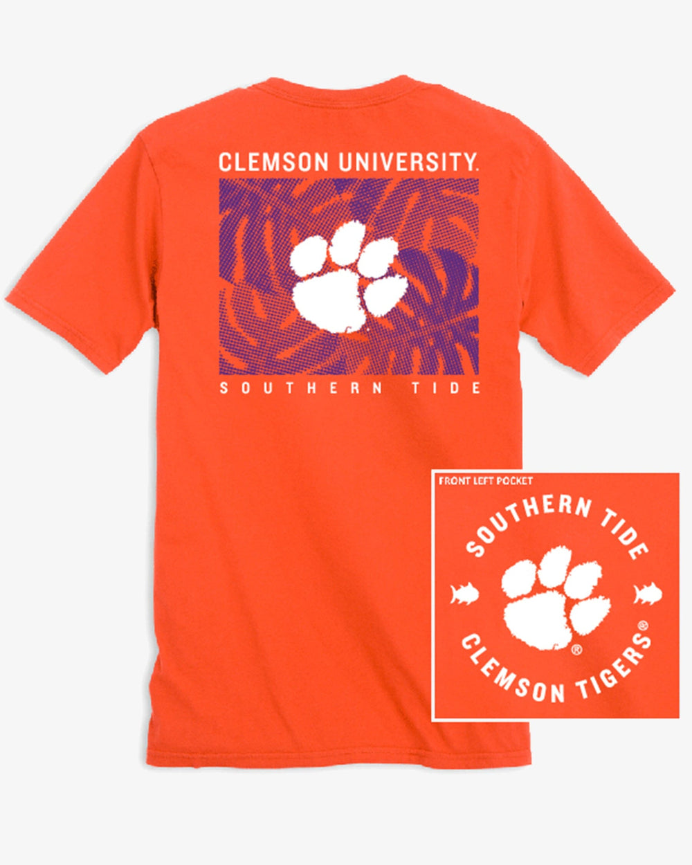 The front view of the Clemson Tigers Halftone Monstera T-Shirt by Southern Tide - Endzone Orange