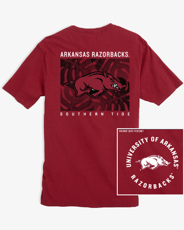 The front view of the Arkansas Razorbacks Halftone Monstera T-Shirt by Southern Tide - Crimson