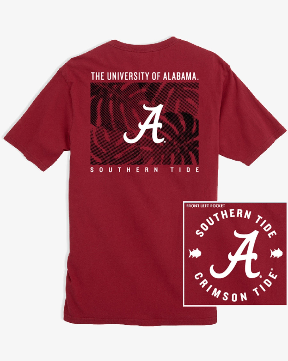 The front view of the Alabama Crimson Tide Halftone Monstera T-Shirt by Southern Tide - Crimson