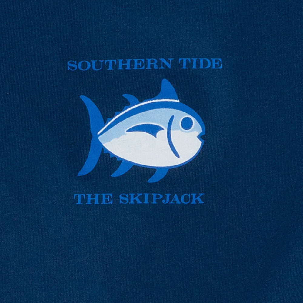 The detail of the Men's Navy Long Sleeve Original Skipjack T-shirt by Southern Tide - Yacht Blue