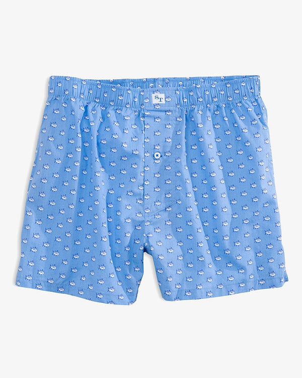 The front view of the Men's Blue Skipjack Boxer Shorts by Southern Tide - Ocean Channel