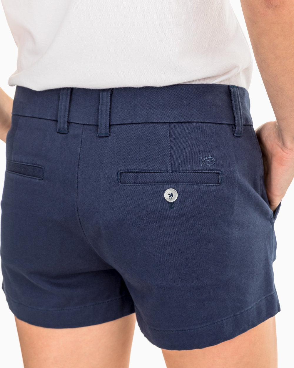 The pocket view of the Women's Navy 3 Inch Leah Short by Southern Tide - Nautical Navy