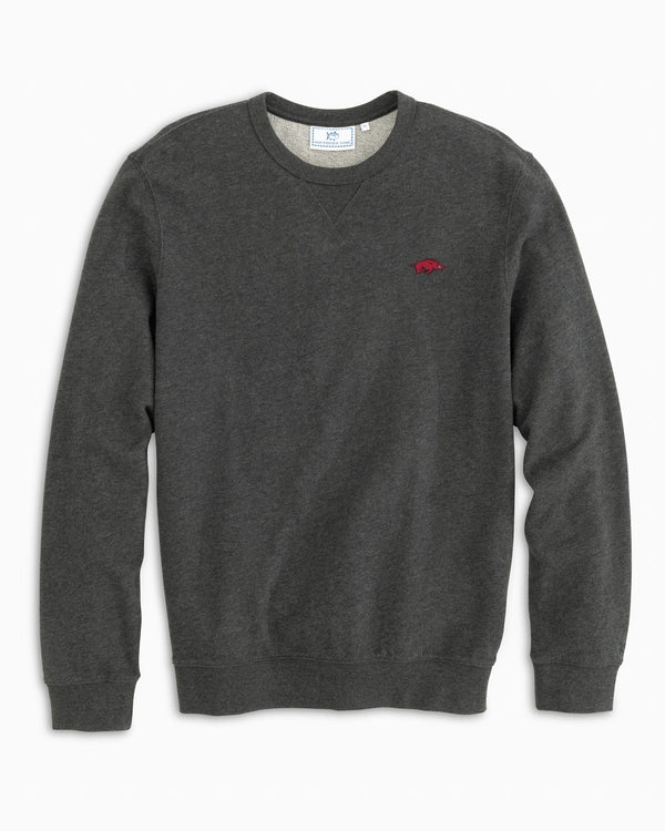 The front view of the Men's Red Arkansas Upper Deck Pullover Sweatshirt by Southern Tide - Heather Black