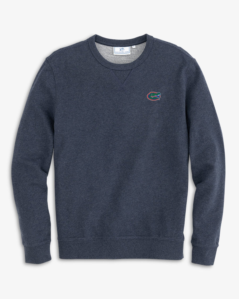 The front view of the Men's Grey Florida Gators Upper Deck Pullover Sweatshirt by Southern Tide - Heather Navy
