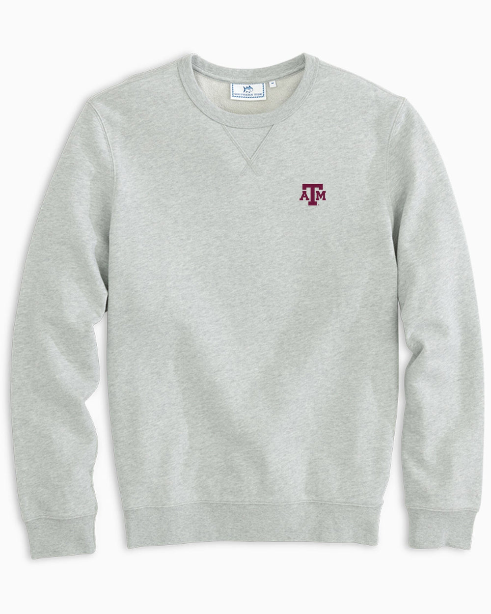 The front view of the Texas A&M Aggies Upper Deck Pullover Sweatshirt by Southern Tide - Heather Slate Grey