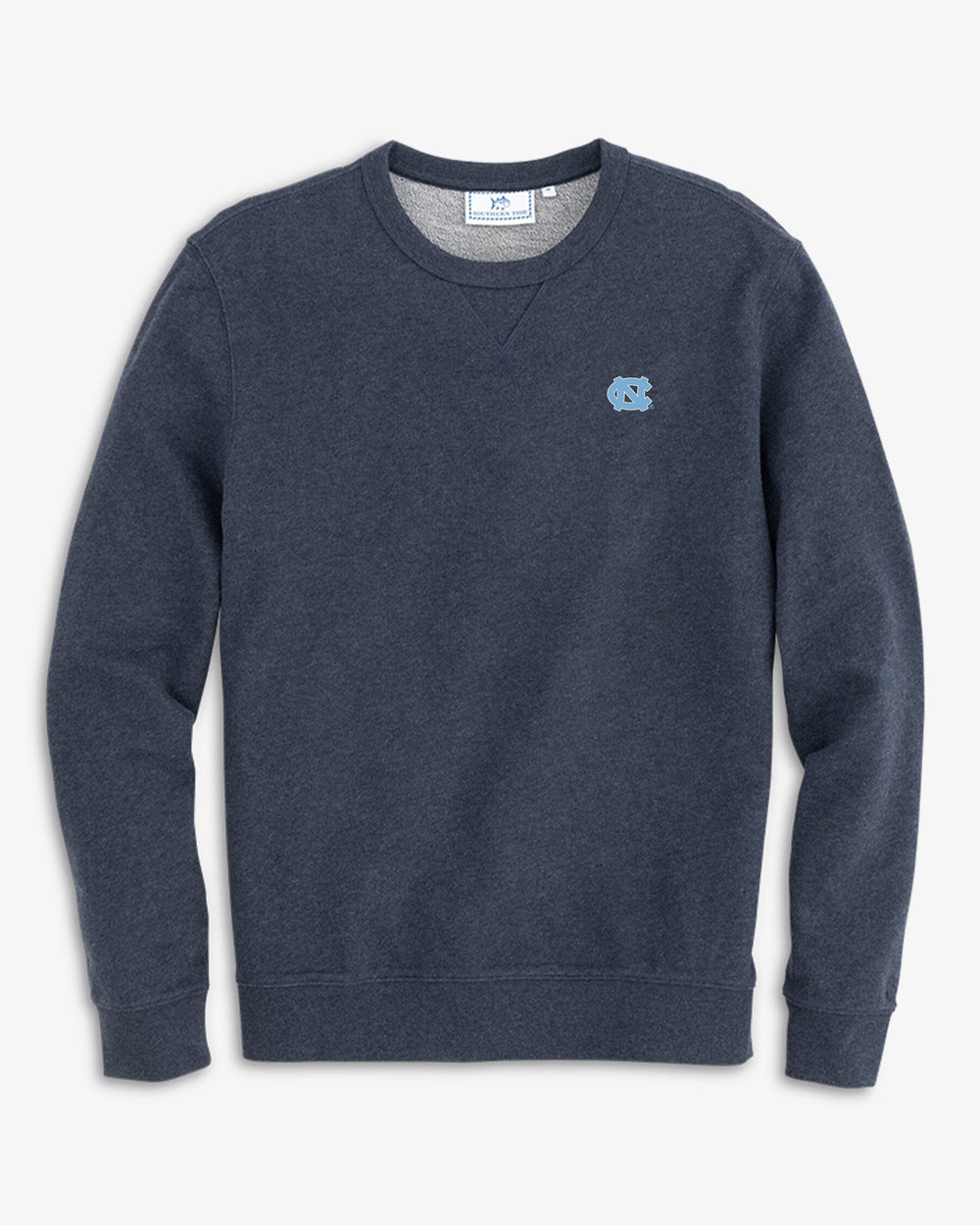 The front view of the North Carolina Tar Heels Upper Deck Pullover Sweatshirt by Southern Tide - Heather Navy