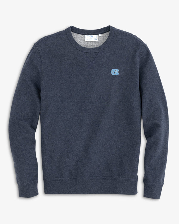 The front view of the North Carolina Tar Heels Upper Deck Pullover Sweatshirt by Southern Tide - Heather Navy