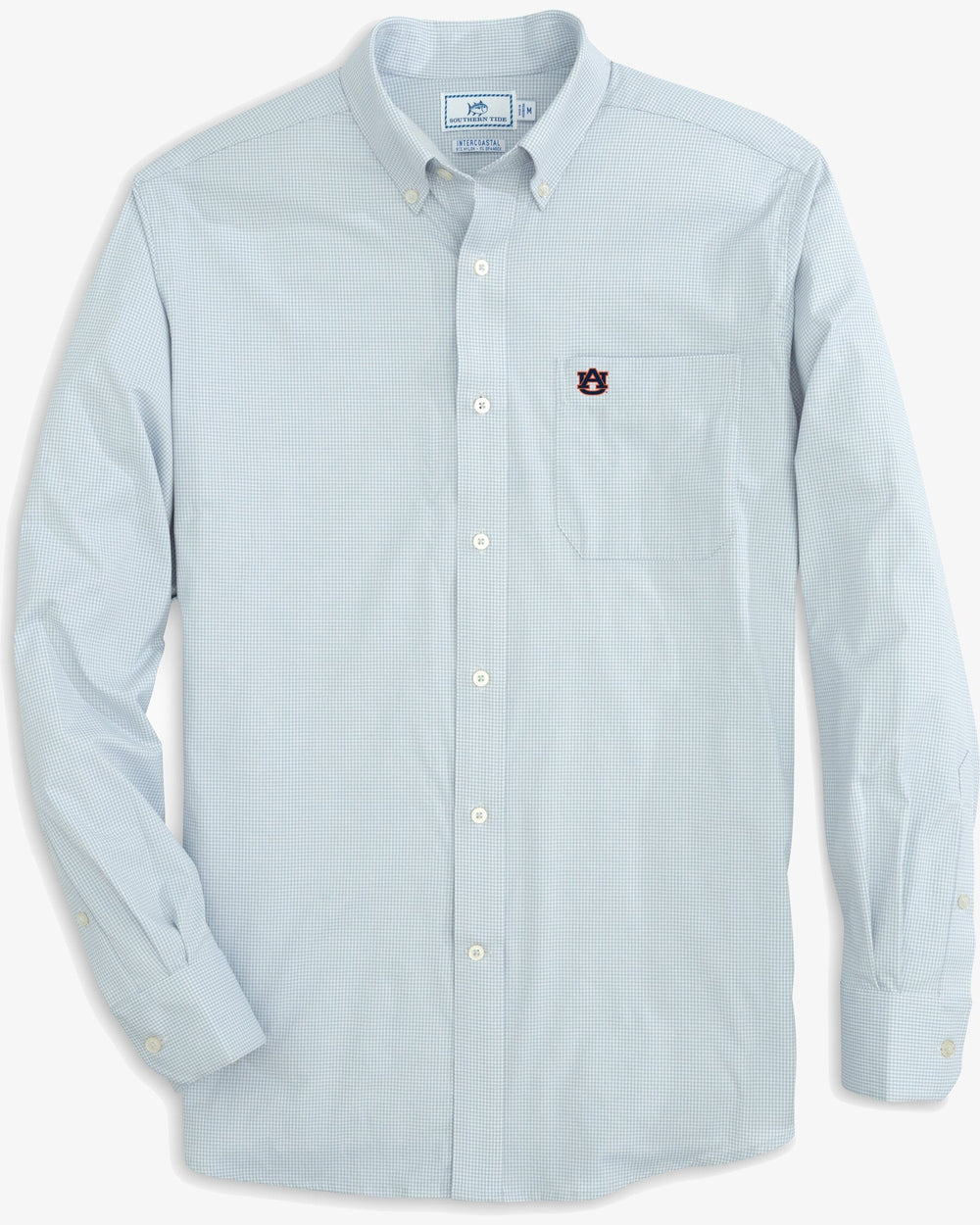 The front view of the Men's Navy Auburn Tigers Gingham Button Down Shirt by Southern Tide - Slate Grey