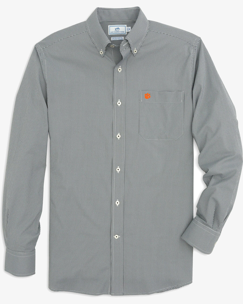 The front view of the Clemson Tigers Gingham Button Down Shirt by Southern Tide - Black