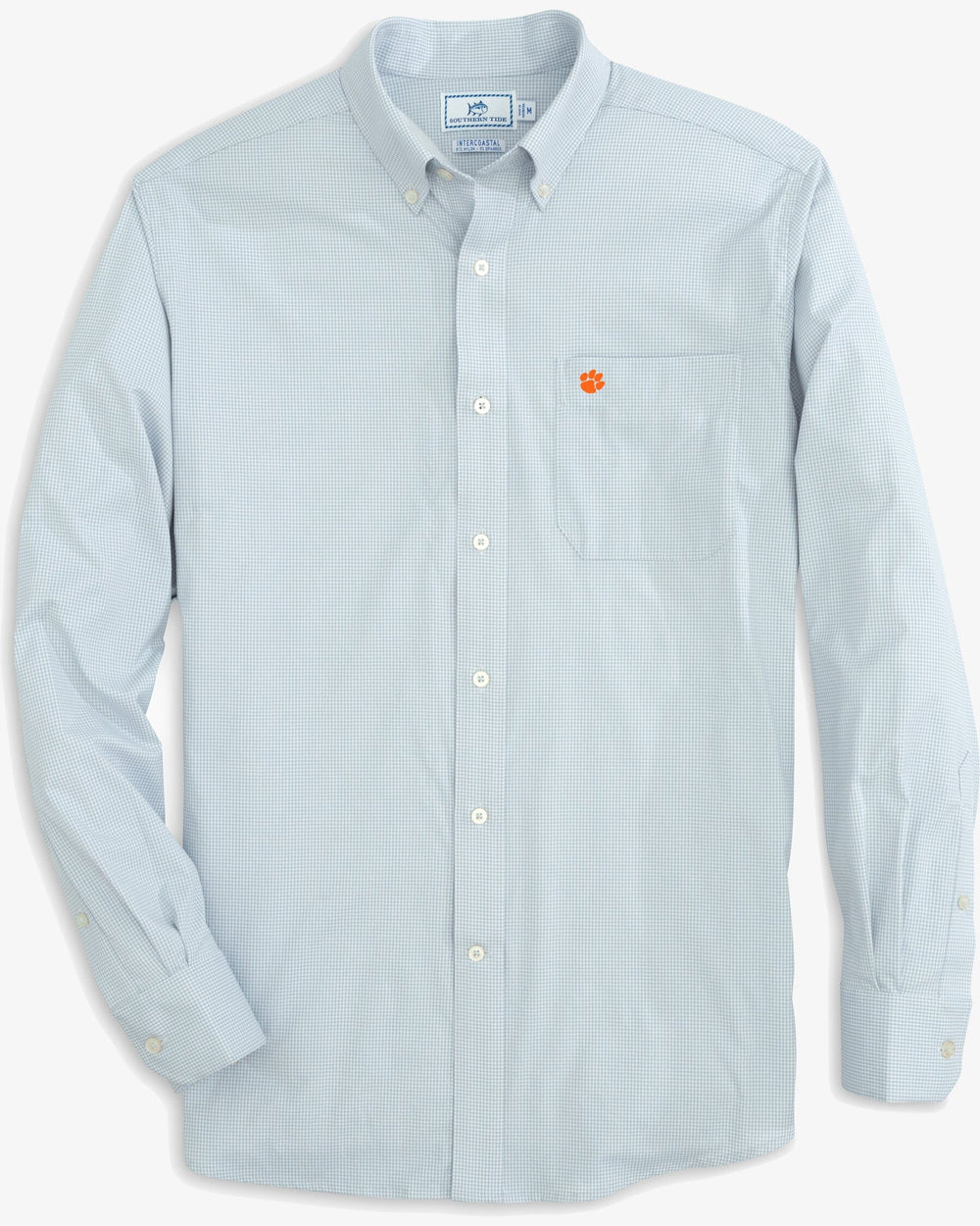 The front view of the Clemson Tigers Gingham Button Down Shirt by Southern Tide - Slate Grey