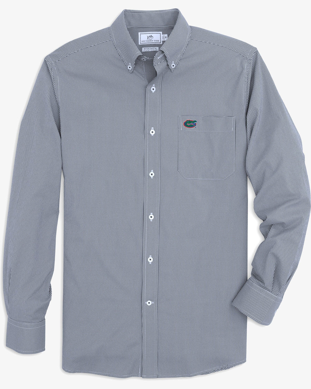 The front view of the Florida Gators Gingham Button Down Shirt by Southern Tide - Navy
