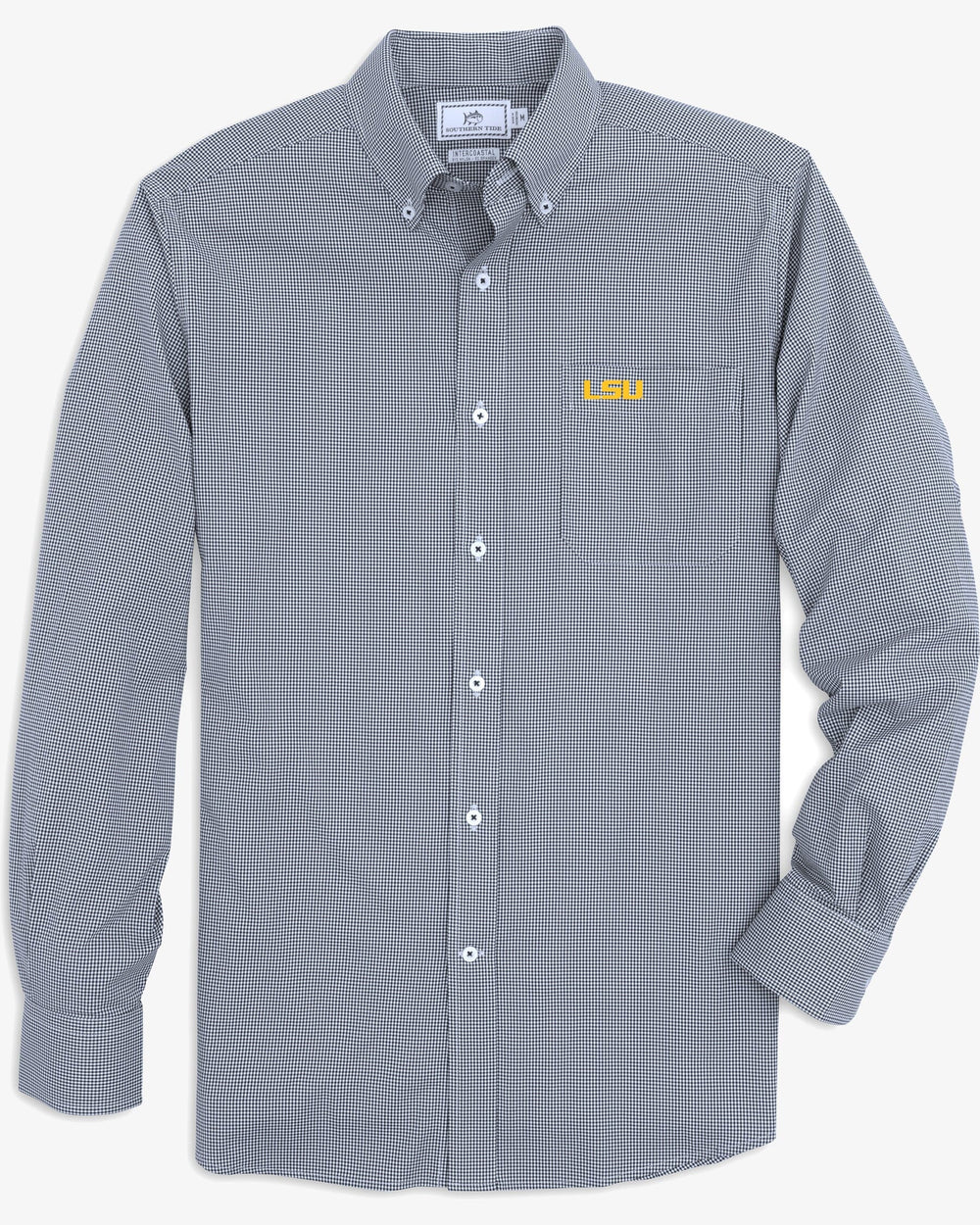 The front view of the LSU Tigers Gingham Button Down Shirt by Southern Tide - Navy