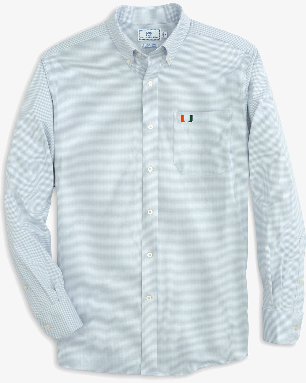 The front view of the Men's Orange Miami Hurricanes Gingham Button Down Shirt by Southern Tide - Slate Grey