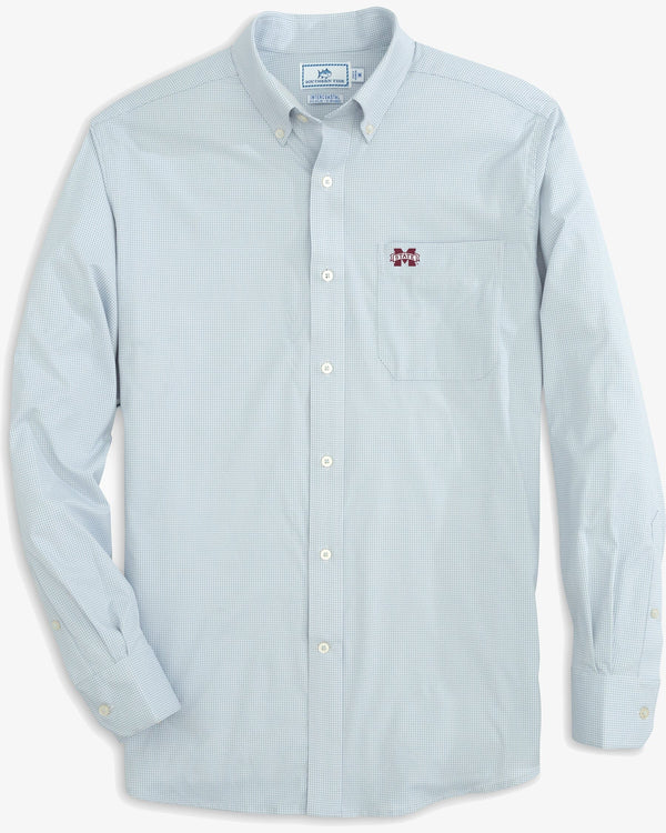 The front view of the Mississippi State Bulldogs Gingham Button Down Shirt by Southern Tide - Slate Grey