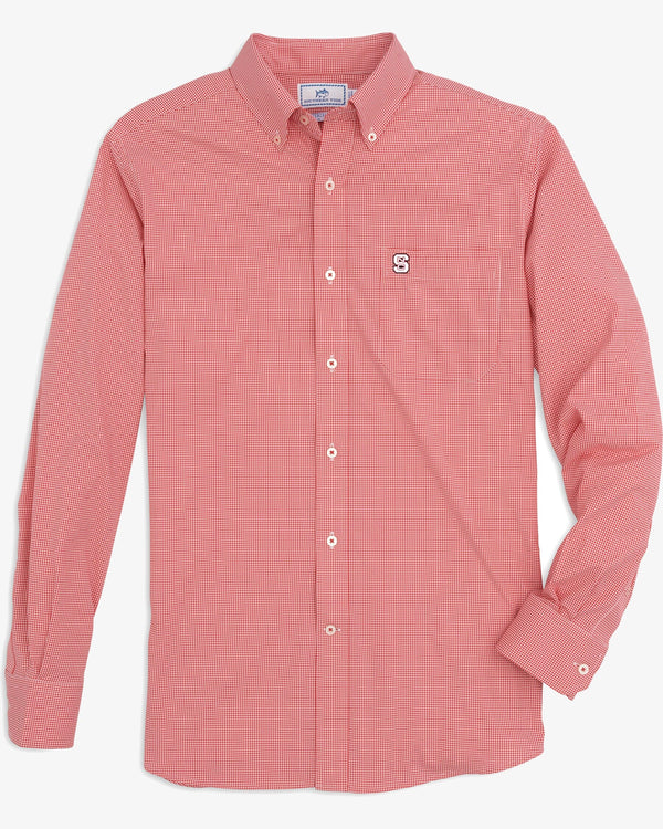 The front view of the NC State Gingham Button Down Shirt by Southern Tide - Varsity Red