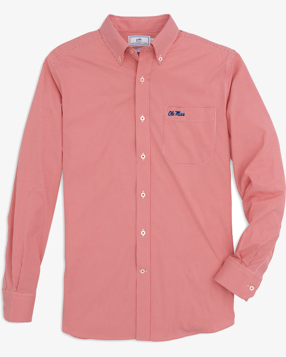 The front view of the Ole Miss Rebels Gingham Button Down Shirt by Southern Tide - Varsity Red