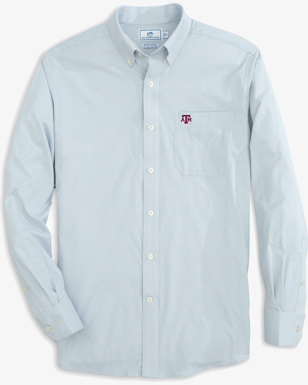 The front view of the Texas A&M Aggies Gingham Button Down Shirt by Southern Tide - Slate Grey
