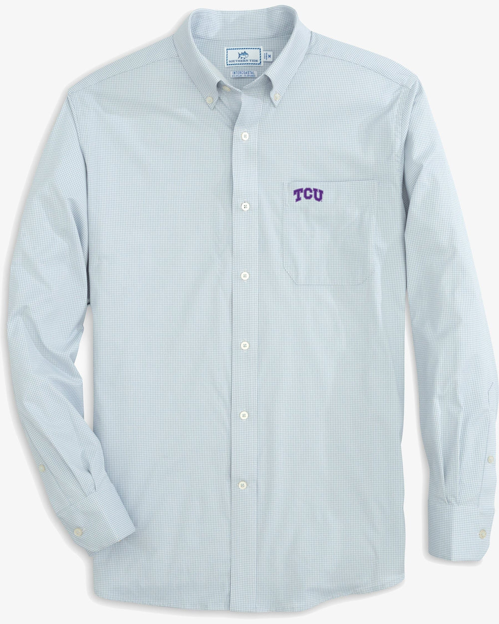 The front view of the TCU Horned Frogs Gingham Button Down Shirt by Southern Tide - Slate Grey
