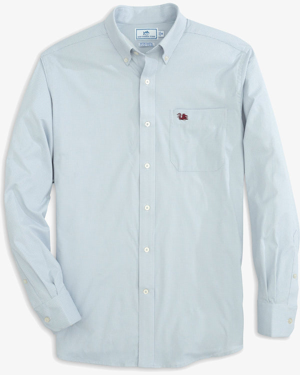 The front view of the USC Gamecocks Gingham Button Down Shirt by Southern Tide - Slate Grey