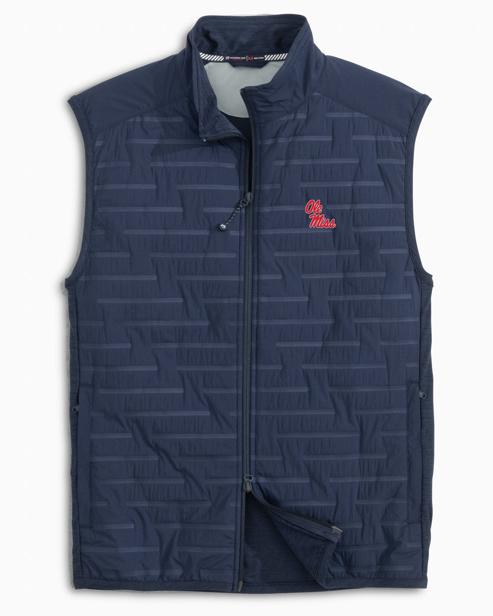 The front view of the Ole Miss Rebels Abercorn Performance Vest by Southern Tide - True Navy