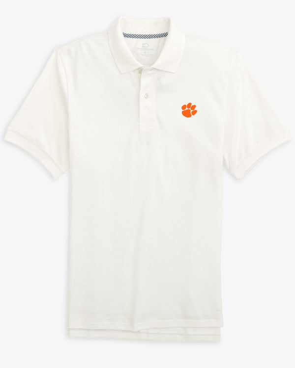 The front view of Clemson Tigers Skipjack Polo by Southern Tide - Classic White